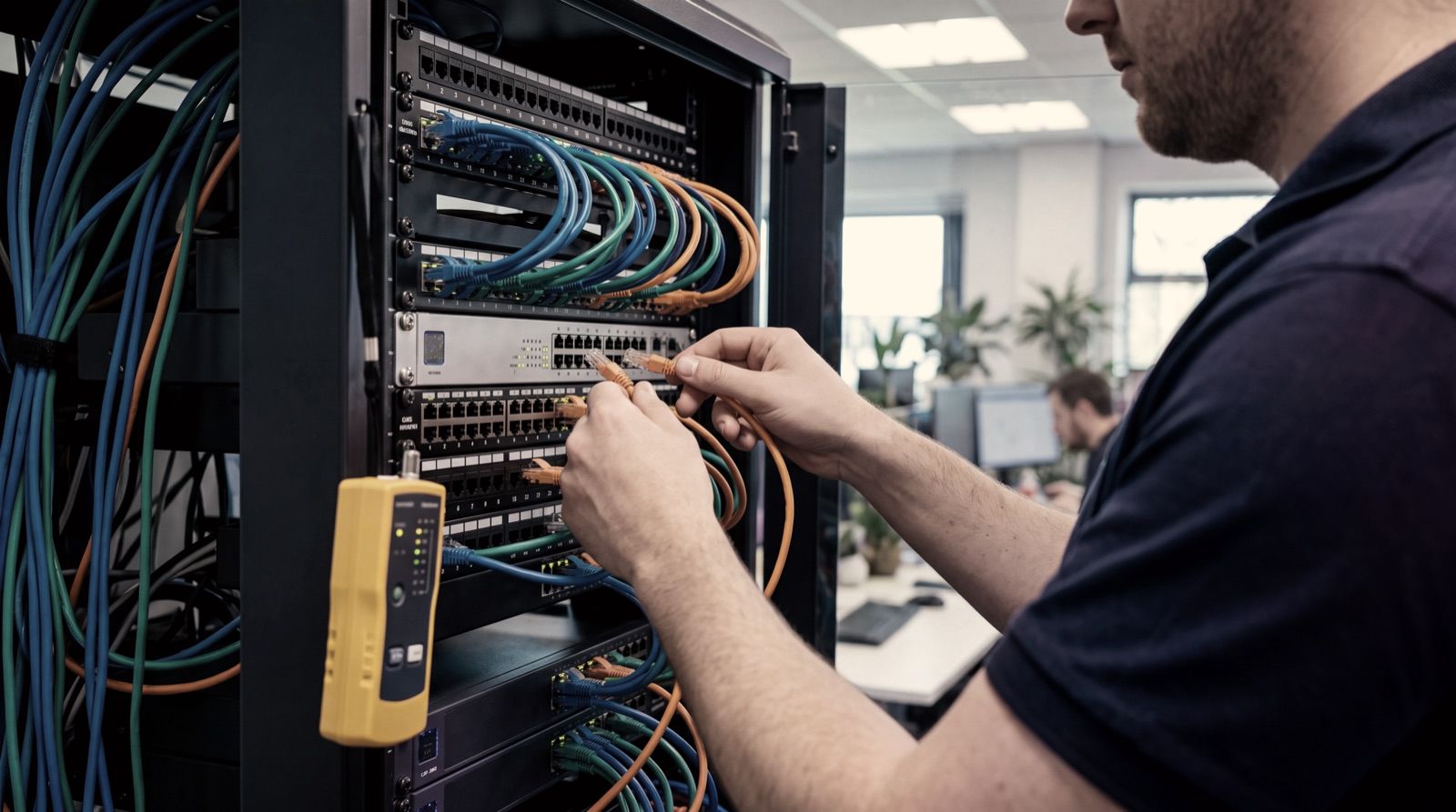 Engineer patching a network cabinet