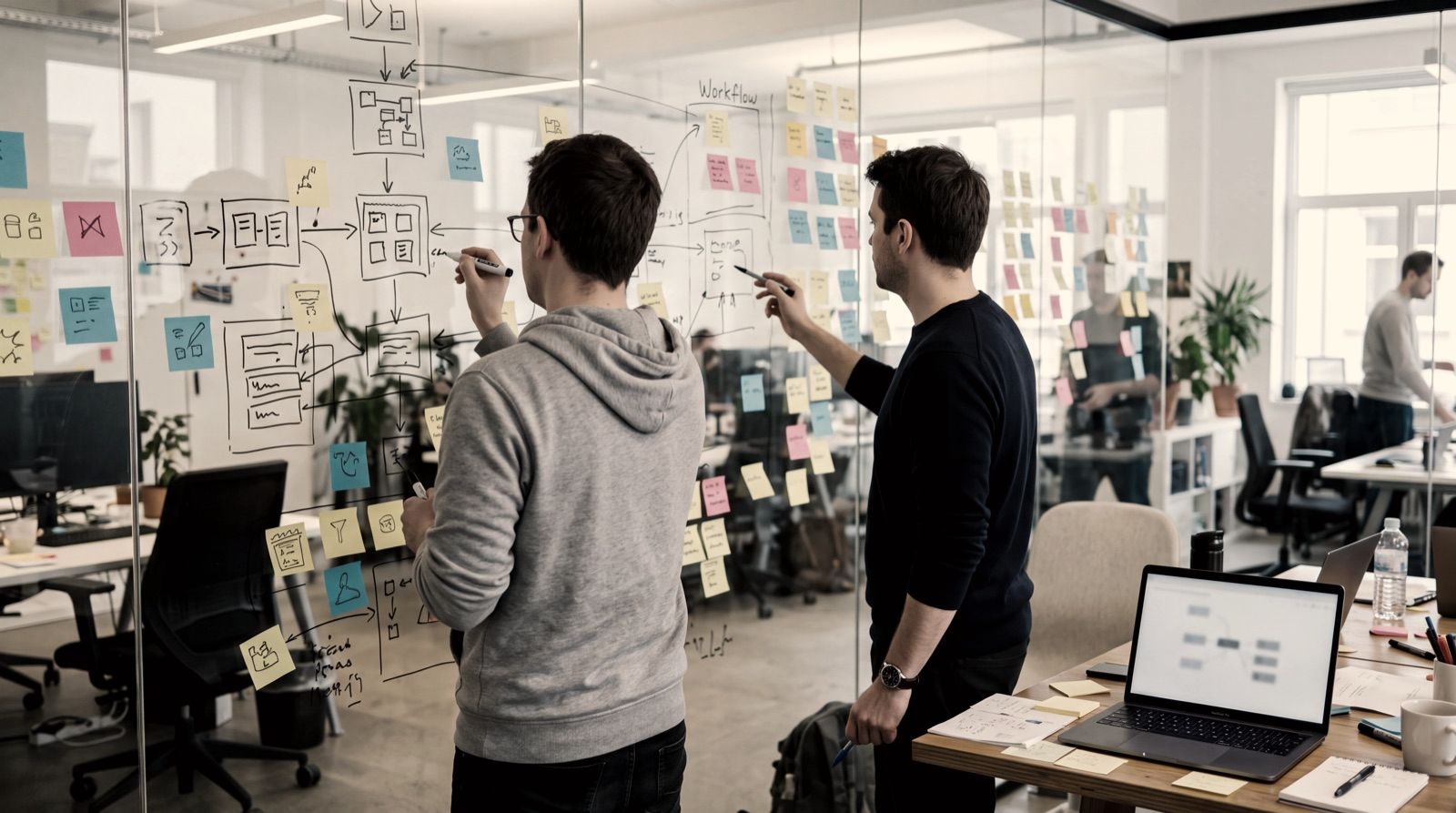 Project team planning on a glass wall