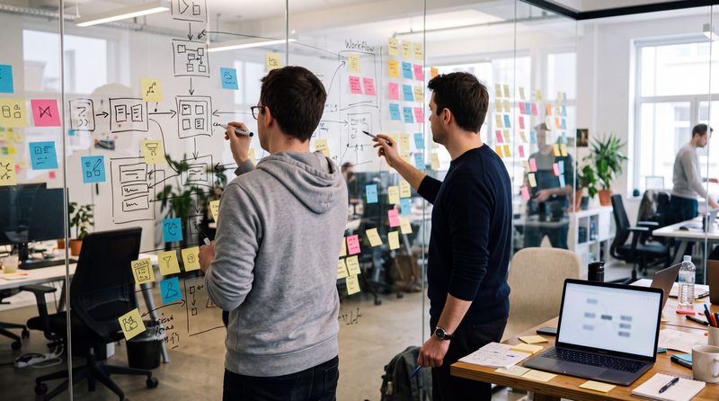 Colleagues mapping an automation workflow with sticky notes on a glass wall