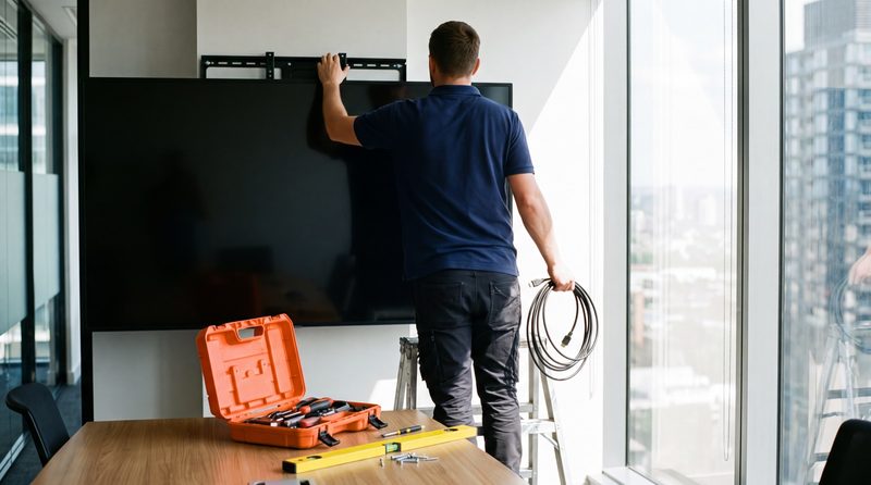 Installer adjusting a wall-mounted boardroom display