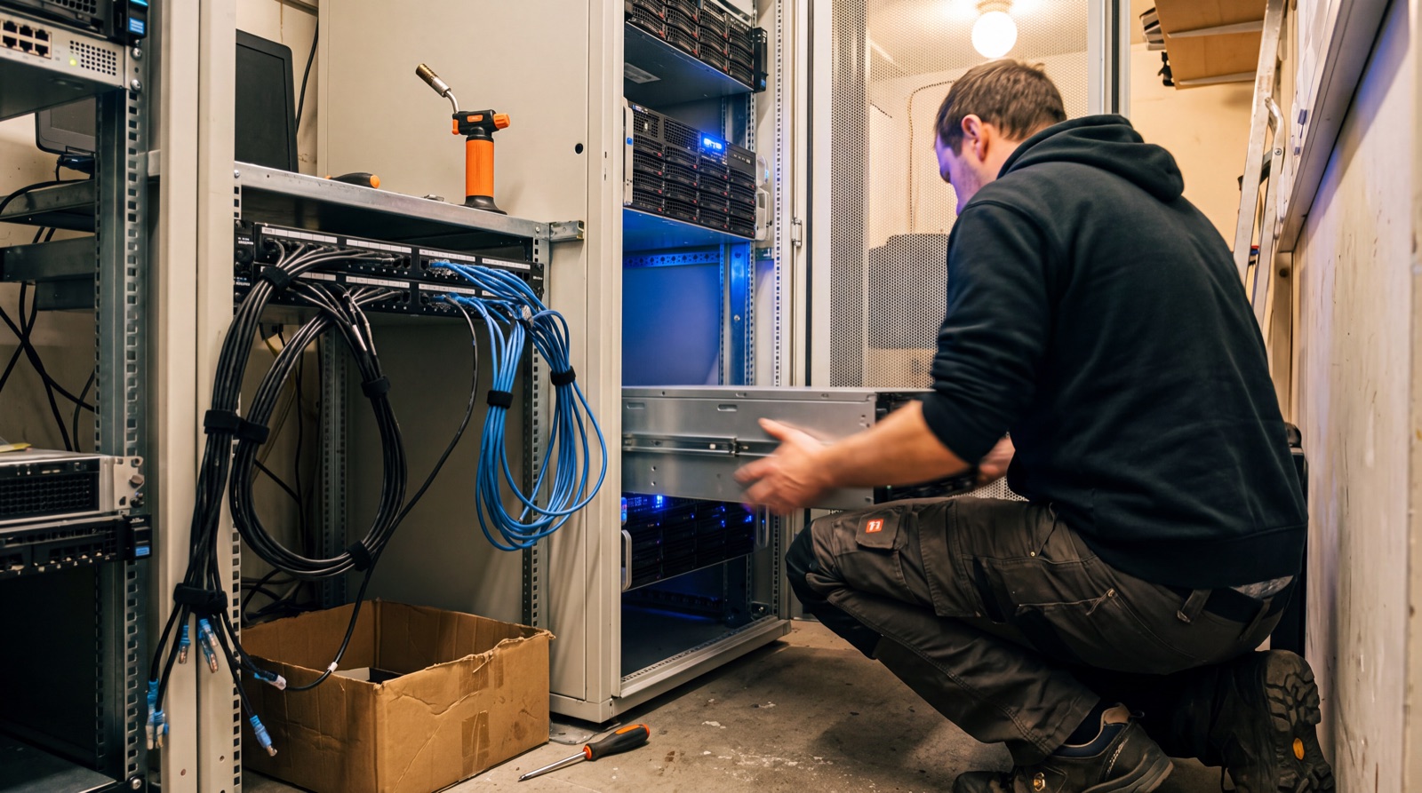 Engineer fitting a server into an open rack in a working comms room