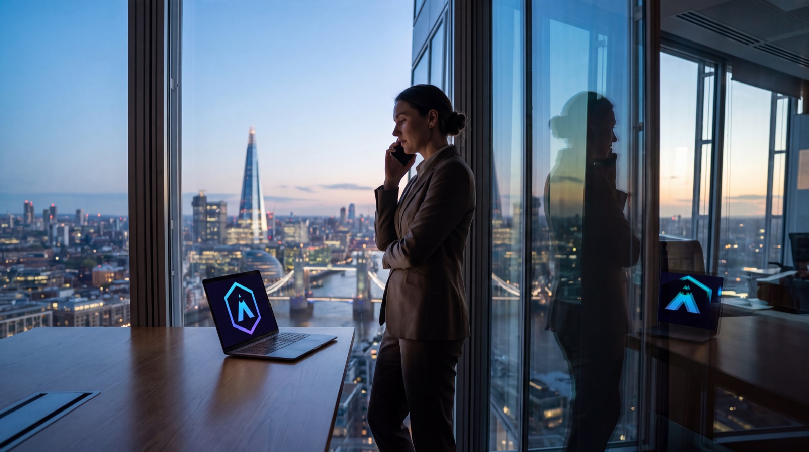 Colleague taking a call by the window of a London office at dusk