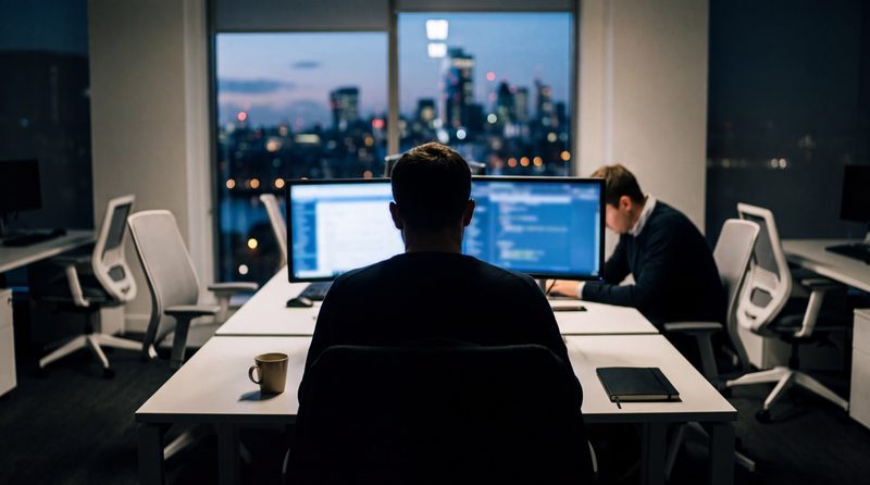 Analyst working late at dual monitors in a dim office, seen from behind
