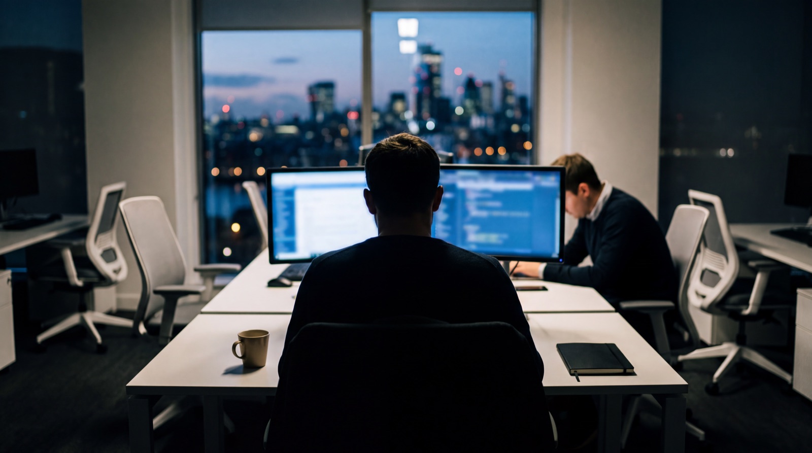Analyst working late at dual monitors in a dim office, seen from behind