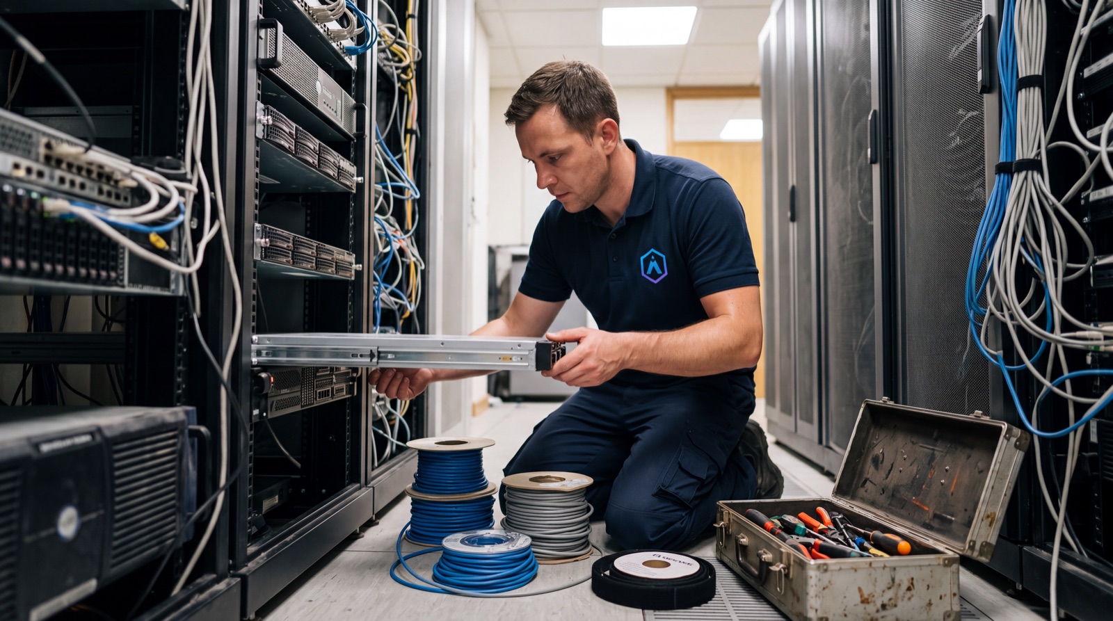 Apex engineer installing a rack server in a client comms room