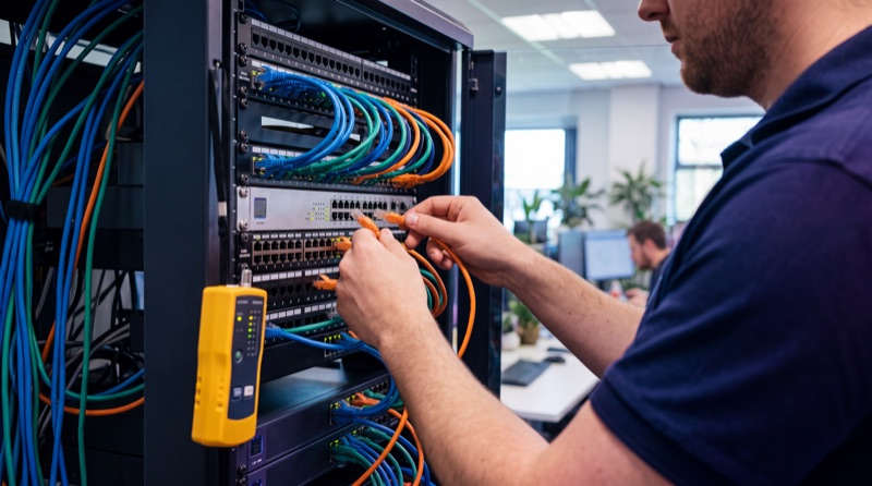 Engineer patching colour-coded network cables in a comms cabinet