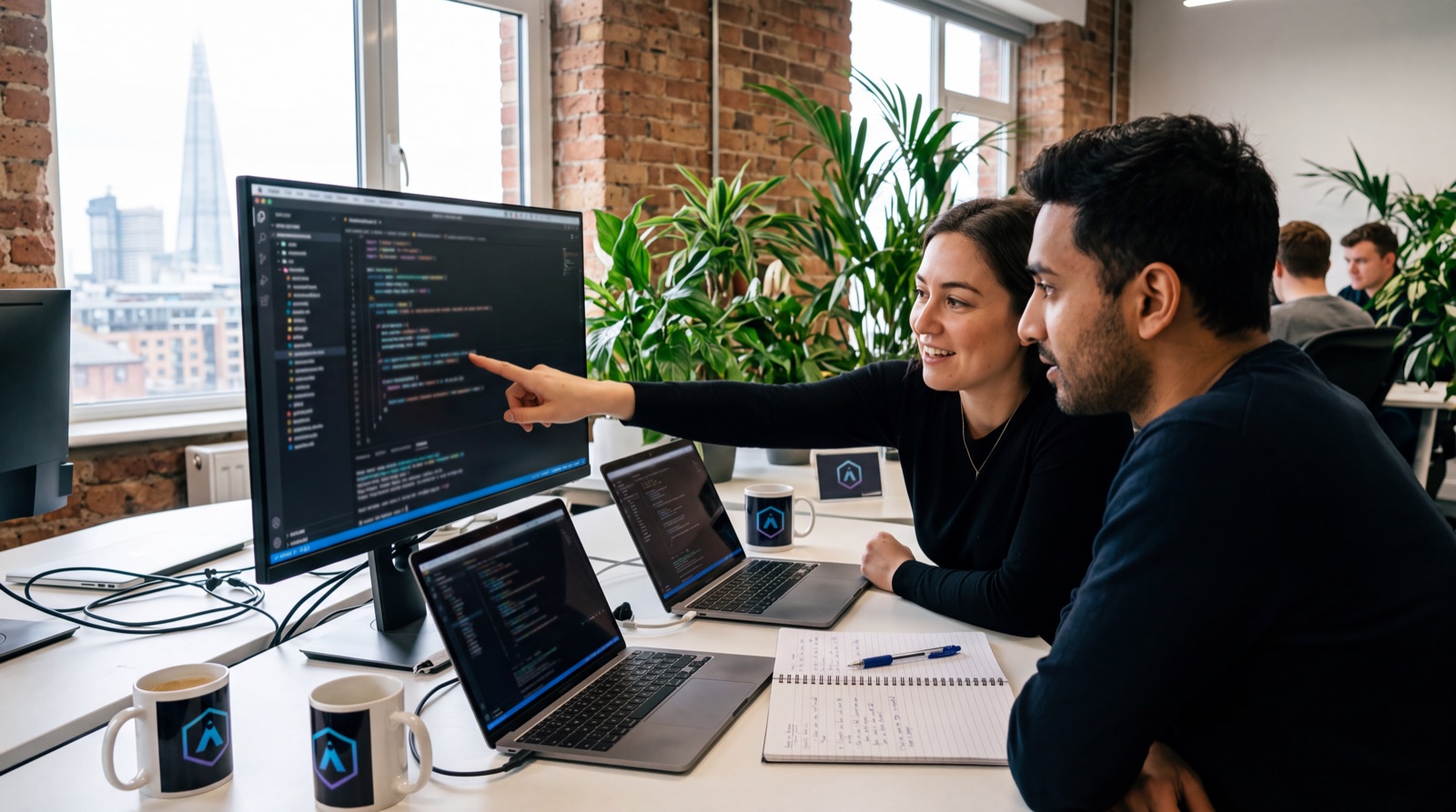 Two developers pair programming at a large monitor