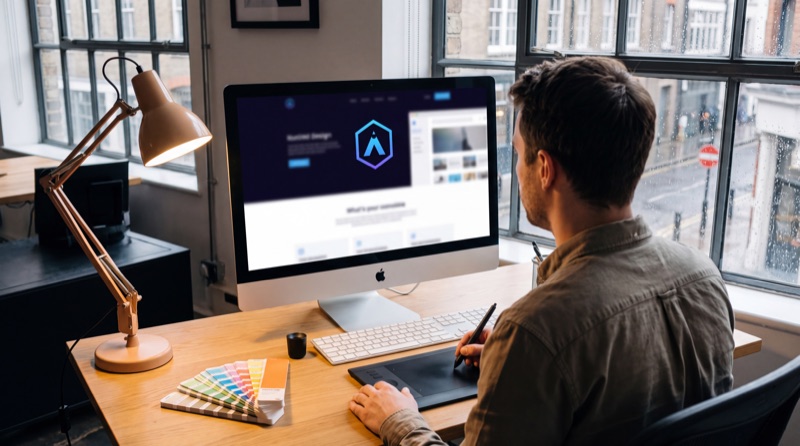 Designer working on a website layout at a studio desk