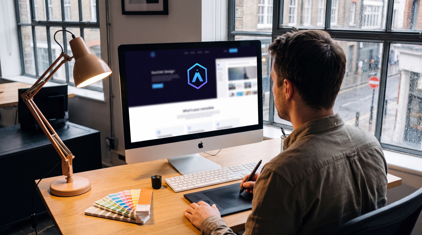 Designer working on a website layout at a studio desk